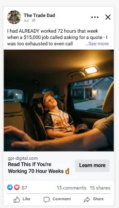 The Trade Dad Facebook ad in feed — 67 reactions, 13 comments, 15 shares