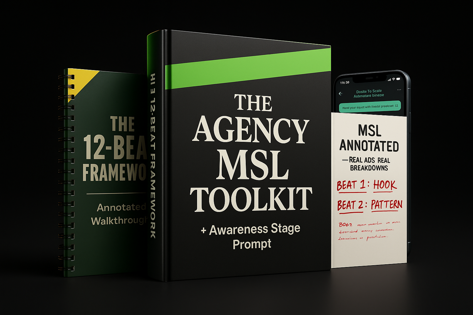 The Agency MSL Toolkit — annotated 4,000-word ad on phone, laptop, and printed booklet