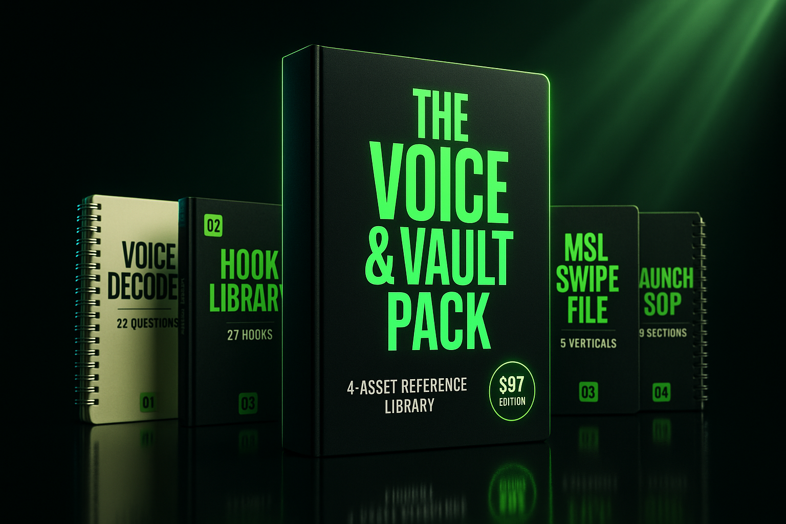 The Voice & Vault Pack — Voice Capture, Hook Library, Swipe File, Launch SOP